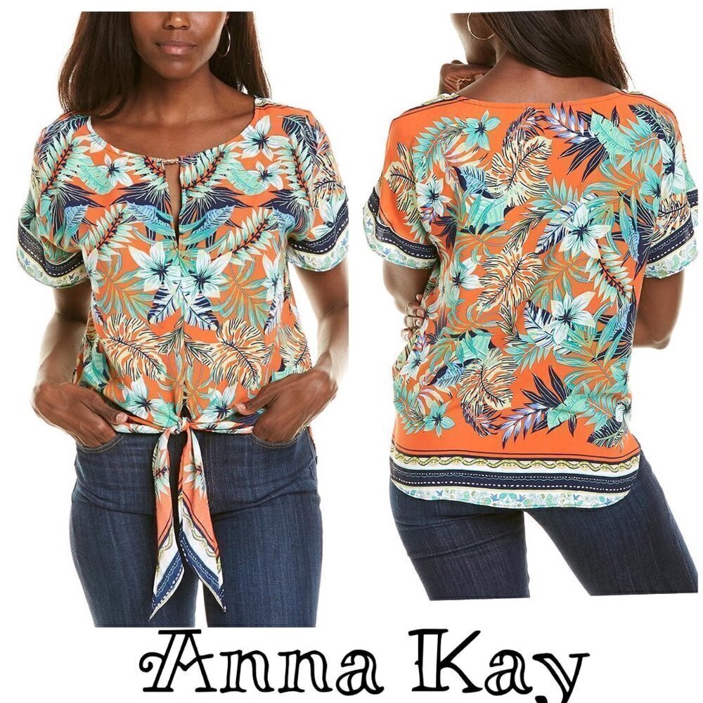 Anna Kay Mandarin Orange Tropical Floral Tie Front Blouse Size Large
